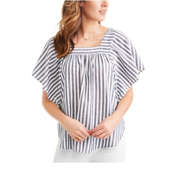 TIME AND TRU Large Blue White Striped Square Neck Flutter Sleeve Blouse - Picture 1 of 8